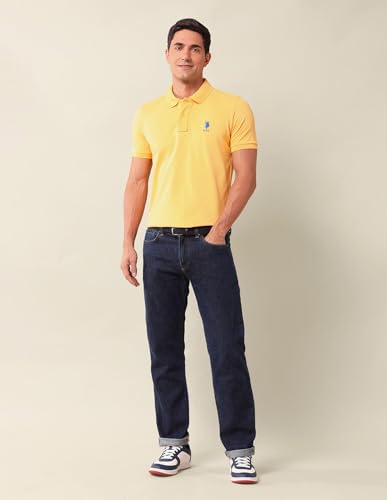 Image of U.S. Polo Assn. Men's Yellow Solid Polo Collar Half Sleeve Casual Cotton Slim Fit T-Shirt