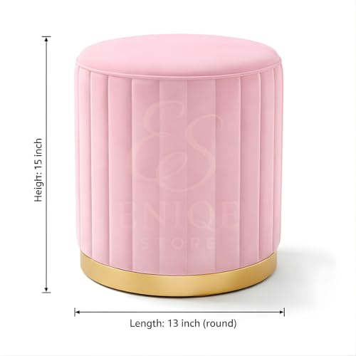 Image of Premium Velvet Round Ottoman Stool with Gold Metal Base - Modern Upholstered Footrest for Living Room, Bedroom & Vanity Seating (Baby Pink)