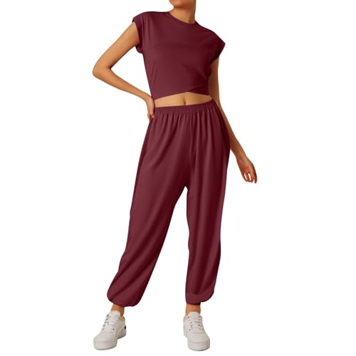 2 Piece Sets For Women Casual Summer Travel Vacation Outfits Short Sleeve Wide Leg Crop Pants Lounge Set Tracksuit