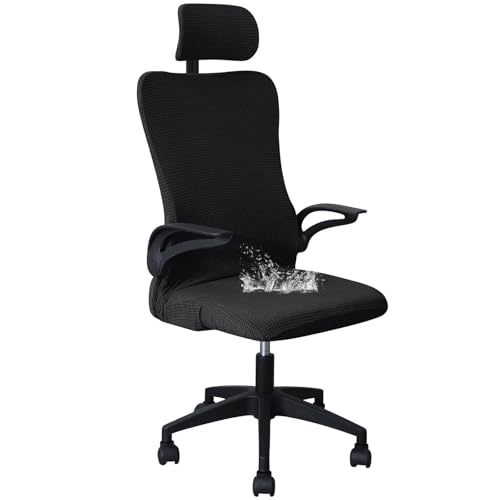 CLGTY Ergonomic Office Chair Cover, Water Resistant Desk Chair Cover with Headrest Cover Stretch Computer Chair Slipcover Removable Washable for Office Executive Chair-Black-2 Piece