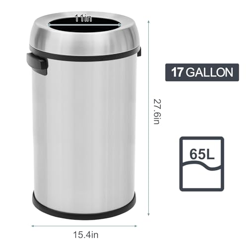 Image of 17 Gallon /65 Liter Round Open Top Trash Can, Commercial Grade Heavy Gauge Trash Bin, Stainless Steel Garbage Can, Perfect for Kitchen, Office, School, Restaurant, Silver