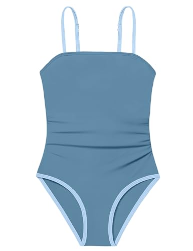 Image of Shallmu Girls One Piece Swimsuits Color Block Dual Crossback Straps with Cover Up Skirt Girl's Swimwear 9-16Y