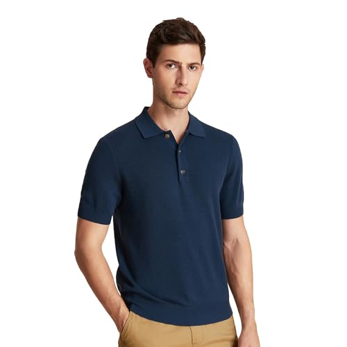 GreenMount Men's Cashmere Polo Shirt Jacquard Short Sleeve Soft Light Weight Blue