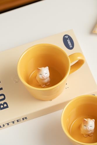 Image of DIHOclub Cat Coffee Cup Hidden Ceramic Animal Inside Mug,Cute Cartoon Handmade Figurine Mugs,Holiday and Birthday Gift for Coffee Milk Tea Lovers,12 Oz(yellow)