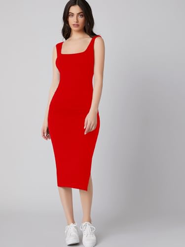 Image of Aahwan Royal Solid Bodycon Square Neck Midi Side Split Thigh Dress for Women's & Girl's