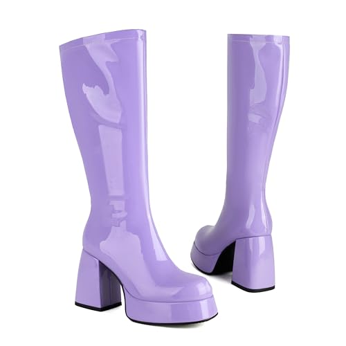 Women's Gogo Boots Knee High Platform Chunky Heel Square Toe Patent Leather 70s Disco Costume Boots for Party Halloween Cosplay2