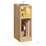 MAHANCRIS Narrow Nightstand, Slim End Table with Charging Station and LED Sensor Light, Modern Side Table, Bedside Table, for Small Spaces, Living Room, Bedroom, Natural