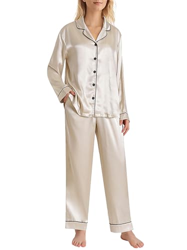 Latuza Women's Petite Satin Pajama Set Petite Size Long Sleeve Button Up Pajamas