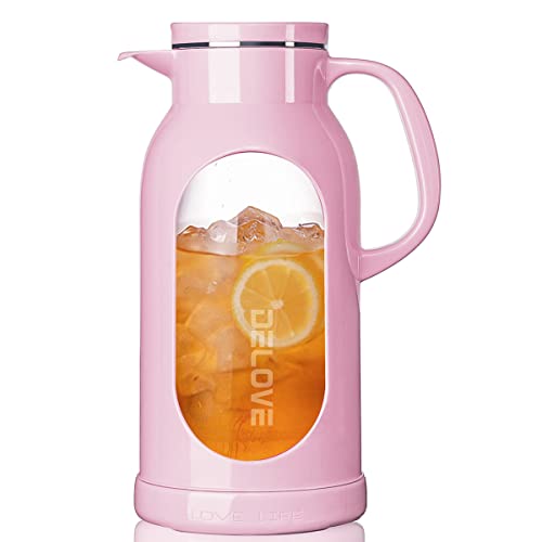 Image of Delove 68 oz/2 Liter Glass Pitcher with Shatterproof Shell - Heat Resistant Glass Liner - Stainless Steel Lid - Carafe & Jug for Iced Tea,Hot/Cold Water,Homemade Juice Beverages (Pink)