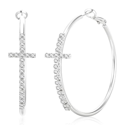 YOUNGYUE Cross Silver Hoop Earrings for Women Hypoallergenic 925 Sterling Silver Hoop Earrings with Cubic Zirconia Lightweight Cross Rhinestone Hoop Earrings 40/50/60mm