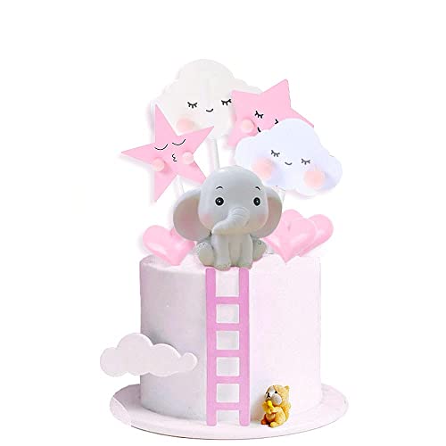 JeVenis 8 PCS Pink Little Peanut Cake Topper Pink Elephant Cake Decoration Elephant Birthday Cake Topper Cloud Cake Topper Star Cake Topper