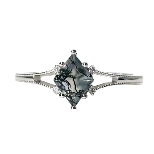 YESLADY Moss Agate Promise Ring for Women Silver Dainty Art Deco Unique Wedding Anniversary Statement Jewelry Size 7
