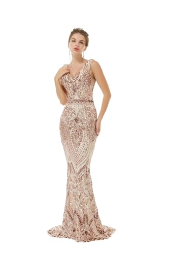 Image of Women's Wedding Bridesmaid Gown Sequined Mermaid V Neck Sleeveless Evening Dress