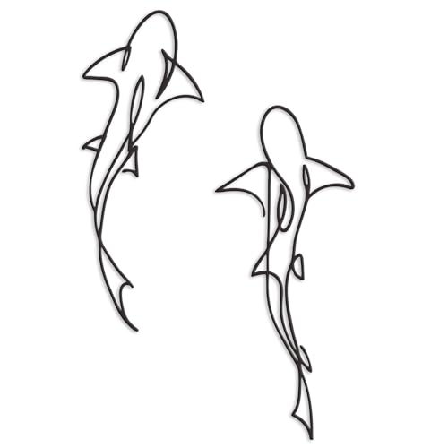 Xedatric Metal Fish Wall Decor - Nautical Shark Room Art, Abstract Line Shark Design for Coastal-Themed Interiors(set of 2,Black)