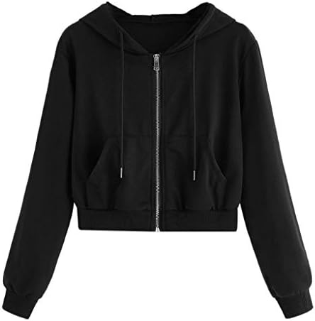 Forwelly Long Sleeve Crop Sweatshirt Hooded for Women Girl Fashion Solid Zip up Hoodie Casual Drawstring Tops Black