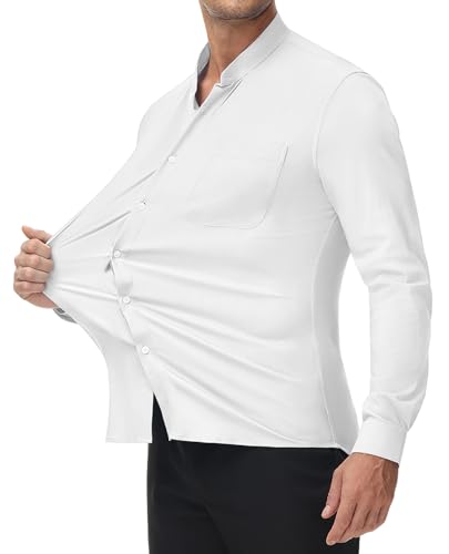 DEMEANOR Men's Collarless Dress Shirt Banded Collar Long Sleeve Button Down Shirts Stretch Formal Tops with Pocket2