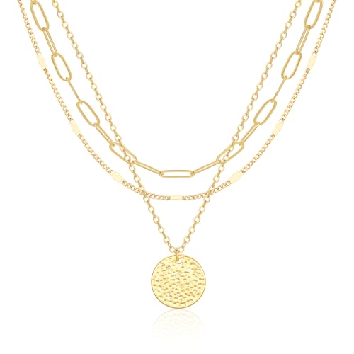 JECOMY Layered Gold Necklace for Women, 14K Gold Plated...