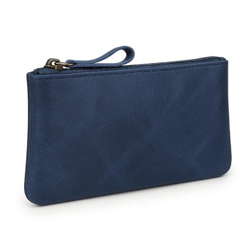 Image of Blue Leather Pencil Pouch with Zipper - Slim Pen Holder (8 inch x 4 inch Inches), Coin Pouch & Cash Holder, Genuine Leather Pencil Case, Money Organizer, Multipurpose Accessory Case for Men & Women