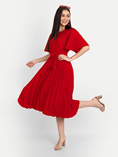 Image of KUDUZO Women's Crepe Long Pleated Below Knee Length Flutter Sleeve Round Neck S to XL Maxi Dress for Girls. (EG-U0IM-B9A1)