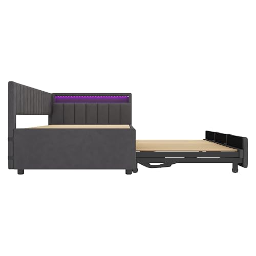 3ft Single Velvet Daybed with RGB LED Lights & Charging Station, Upholstered Sofa Bed with Pull-Out Trundle, Grey Space-Saving Bed for Living Room, Bedroom, Home Office (No Mattress)
