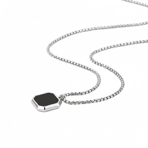 SALTY ALPHA Midnight Charisma Necklace for Men | Anti-Tarnish Stainless Steel Silver Box Chain with Geometric Black Enamel Octagon Pendant | Stylish Minimal Jewelry Locket for Boys-image-36