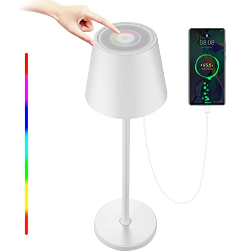 HOSWTLY Tischlampe Kabellos, Wiederaufladbare LED Tischlampe Mit Warmweiß 8 Farben RGB Nachttischlampe Touch Dimmbar Wasserdicht Für Innen Außen Wohnzimmer Schlafzimmer Esstisch Bar Dekoration, Weiß Cover