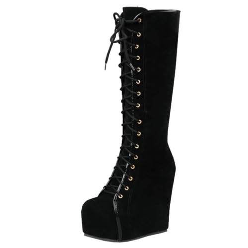 Image of Parisuit Women's Knee High Goth Platform Boots Lace Up Combat Boots | Chunky High Heel, Buckle Boots, Punk Chain Boots