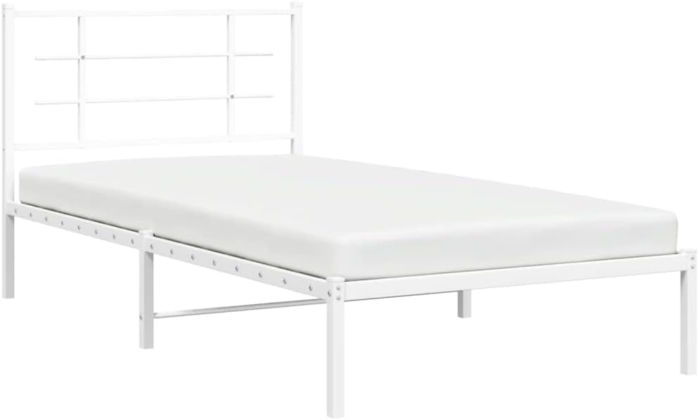 Single Bed Frame White Powder-Coated Steel Platform Frame with Headboard Sturdy Durable Modern Minimalist Bedroom Furniture Easy-Assembly Mattress-Support Foundation