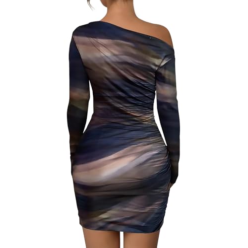 Image of Women's Long Sleeve Bodycon Mini Dress Tie Dye Print Slim Fit Asymmetrical Neck Elegant Formal Ruched Short Dresses