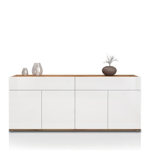 WHOUS Buffet Garda pour Salon avec 2 Tiroirs et 4 Portes, bahut pour Salon, Cuisine et Salle à Manger, 160,1 x 35 x 70 cm, Blanc Brillant et Chêne
