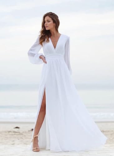 Rmaytiked Long Sleeves Bridesmaid Dresses with Slit V Neck Chiffon Wedding Guest Gowns Formal Evening Dresses for Women2