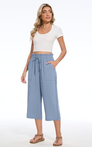 Womens Capri Pants Summer Wide Leg High Waisted Pants Drawstring Casual Trousers with Pockets4