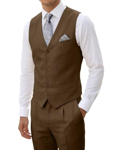 High-End Suits Mens Linen Wedding Suits Brown Slim Fit Vest Pant 3XL/4842