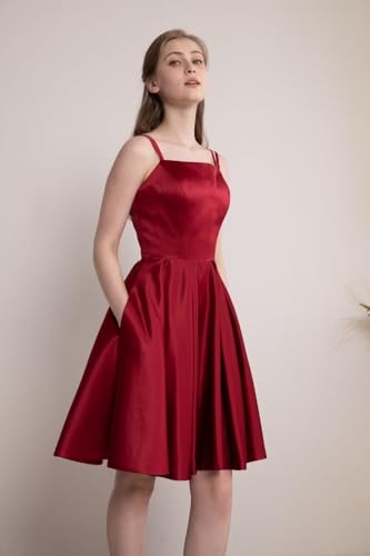 Satin Homecoming Dresses for Teens 2025 Spaghetti Straps A-line Square Neck Short Prom Dresses with Pockets4