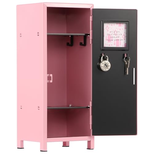 Mini Locker with Lock and Key 10.5×10.5×27.5cm Rustproof Kids Piggy Bank Locker Safe Portable Mini Lockers Cabinet Practical Storage Lockers with Compartments for Desktop Bedroom Home Office(Pink)