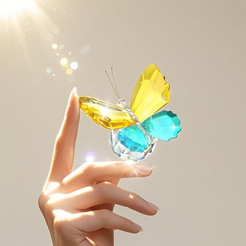 Image of Crystal Butterfly Figurines Yellow Cyan Blue Tabletop Decor Gift For Women | Yellow Cyan Blue Crystal Butterfly Figurines Collectible Paperweight for Table Desk Shelf Home Office Wedding Decor