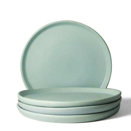 Image of Ceramic Dinner Plates, 4 Pcs | Rim Plate for Easy Eating | Microwave, Oven, Dishwasher Safe | Set of 4 Ceramic Plates for Dinner | Handmade | (Almost Blue, Set of 4 Dinner Plates)