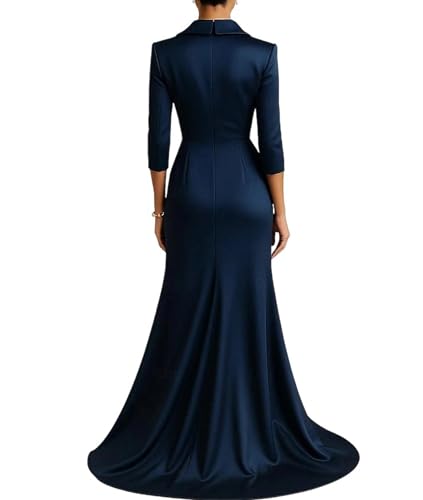 Sheath/Column Elegant Satin Formal Gown, V Neck 3/4 Sleeve Formal Gown Ruched Detail2