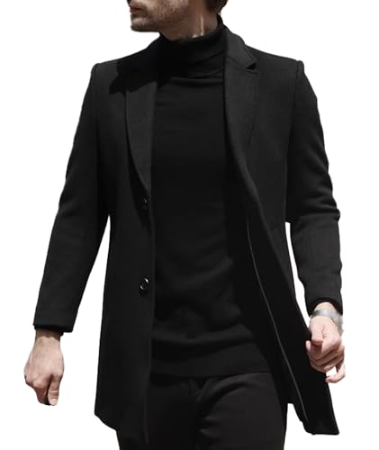 SOMTHRON Men's Winter Pea Coat Slim Fit Notched Lapel Single Breasted Mid Long Trench Coat Jacket Overcoat