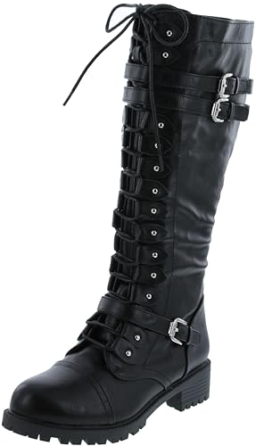 Premier Standard - Women's Lace-Up Strappy Knee High Combat Stacked Heel Boot
