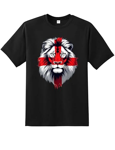 English St George Flag Lion Face T-Shirt | England National Pride Top St George’s Cross Graphic Tee | Patriotic Unisex Shirt for Men Women Kids Football Rugby Supporters Fan Apparel UK Black