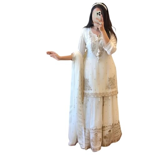 Elegant White Embroidered Sharara Set with Lace Details, Traditio...