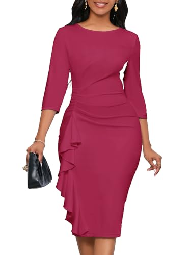 Image of Church Dresses for Women 3 /4 Sleeve Ruffle Vintage Bodycon Cocktail Work Midi Pencil Dress
