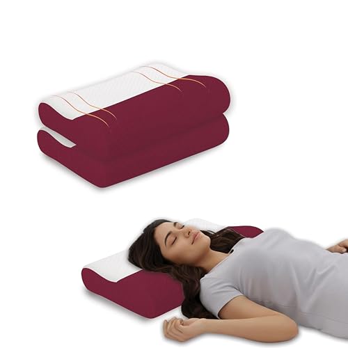 Image of Ergonomic Cervical Pillow Set of 2, Memory Foam Contour for Sleeping Neck Support, Dual 9 cm 12 cm Heights, Slow Rebound 50D Core, Burgundy Maroon Jacquard Case, 60 x 35 cm