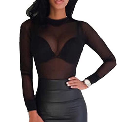 Allayu Femmes Base chemise à manches longues voir à travers Transparent charmant dames T-shirt col rond fête Club hauts été, Le noir, L Cover