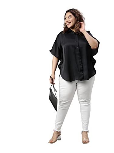 Image of The Pink Moon Women's Regular Fit Plus Size Black Satin Kaftan Top - (SHR TIM10W Black)