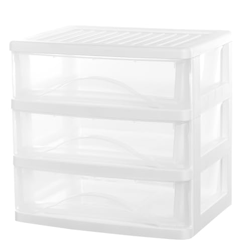 BYCY Plastic Stackable Storage 3 Drawers, White Bathroom Makeup Organizer with Wide Clear Drawers Tabletop Drawer Organizer for Desk,Countertop at Home, Office, School