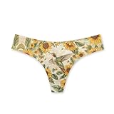 Poetesant Floral Womens T-Back Tongs Low Waist Panties Sunflowers Hummingbird Seamless Hipster Underwear Flower Bird Pattern Sexy G-String No Show-M