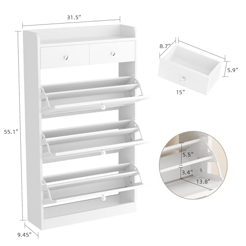 VOWNER Shoe Cabinet with 3 Flip Drawers & 2 Drawers, Freestanding Shoe Storage Cabinet with Adjustable Shelves, Shoe Organizer for Entryway, Hallway, Living Room, White