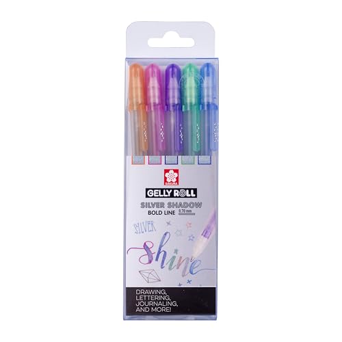 SAKURA Estuche de bolígrafos de gel Gelly Roll Plata Shadow - 5 colores - Plata metalizada con bordes vibrantes - Escritura suave - Ancho de trazo de 0,7 mm - Perfectos para invitaciones y tarjetas